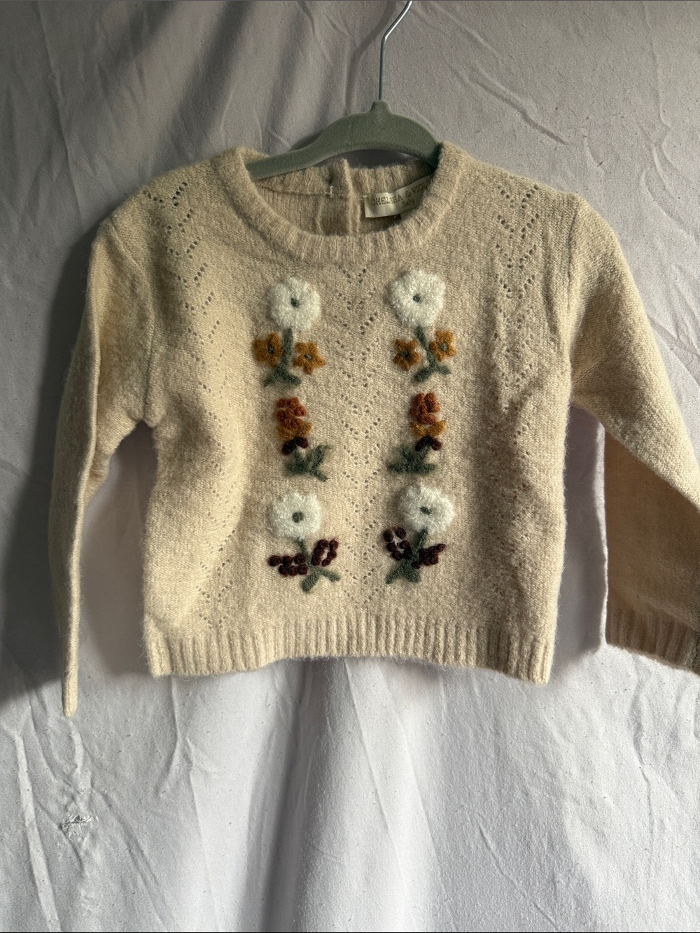 Chelsea & Violet Cream Crewneck Sweater with Floral Appliqués